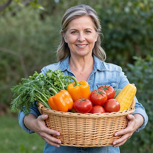 Photograph of smiling middle-aged woman with blonde hair, wearing denim shirt, holding wicker basket filled with bell peppers, tomatoes, and herbs, outdoors