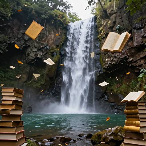 Waterfall with Floating Golden Books