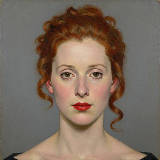 Digital painting of a fair-skinned woman with red curly hair, red lips, and green eyes, against a gray background, realistic style.
