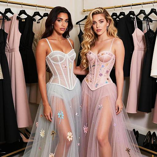 Fashion Models in Sheer Embroidered Corset Dresses