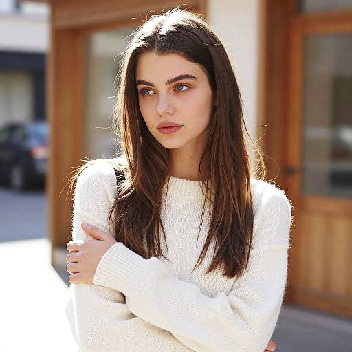 Thoughtful Young Woman in White Sweater
