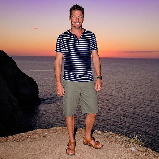 Photograph of a smiling man with short dark hair, wearing a navy and white striped shirt, green shorts, and brown sandals, standing on a rocky