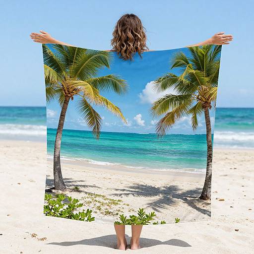 Photograph of a woman with wavy brown hair, standing on a sunny beach, holding up a tropical beach-themed print with palm trees and ocean.