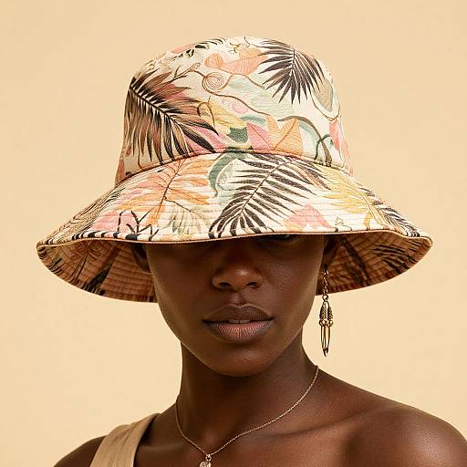 Photograph of a dark-skinned woman wearing a tropical-patterned, wide-brimmed hat, necklace, and earring, against a plain beige