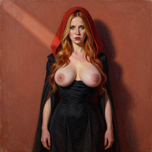 Digital painting of a fair-skinned, red-haired woman with large breasts, wearing a red headscarf and black dress, standing against a brown wall