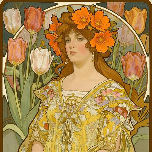 Art Nouveau-style digital illustration of a fair-skinned woman with red hair, adorned with orange flowers, wearing a yellow floral dress, surrounded by colorful