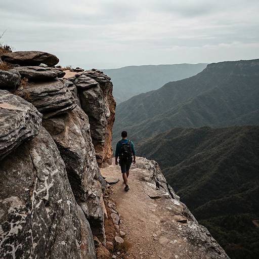 Photograph of a hiker in a blue backpack standing on a rocky cliff trail, overlooking a vast, mountainous, forested landscape under a cloudy