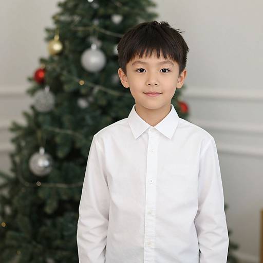 Photograph of an Asian boy with short black hair, wearing a white button-up shirt, standing in front of a decorated Christmas tree.