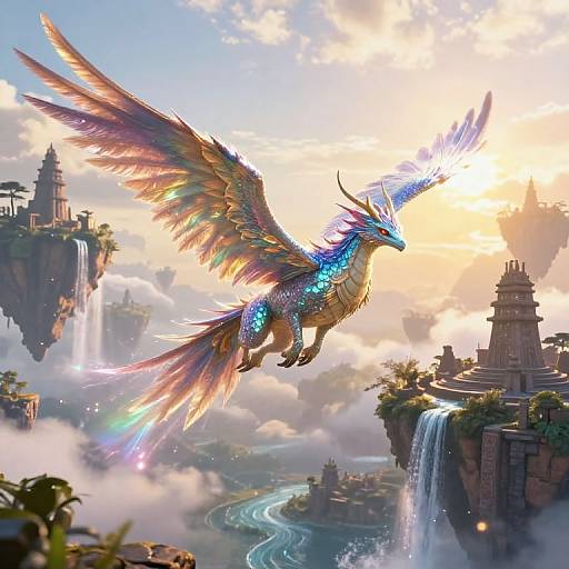 Digital fantasy artwork of a vibrant, rainbow-feathered dragon soaring above a mystical, cloud-covered landscape with towering temples and cascading waterfalls.
