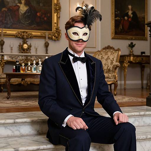 Photograph of a man in a black tuxedo and white mask with a black feather, sitting in an opulent room with gold-framed paintings