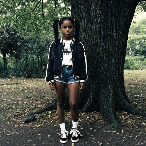 Dark-skinned girl with twintails standing by tree