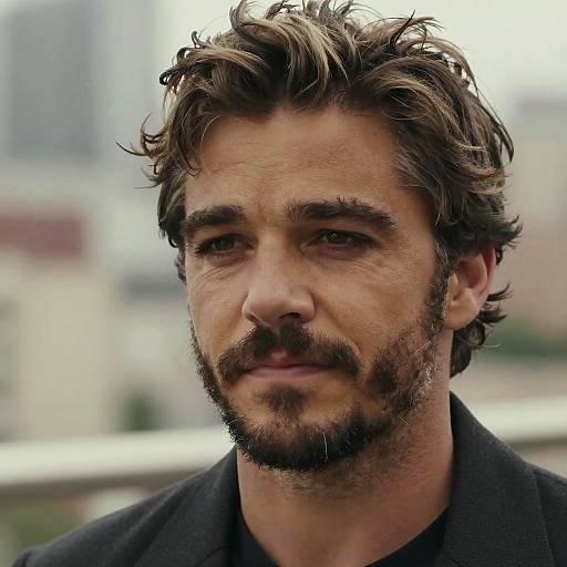 Photograph of a handsome, ruggedly handsome man with tousled brown hair, dark beard, and mustache, wearing a black coat, against a