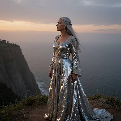 Elegant Silver-Haired Woman on Cliffside