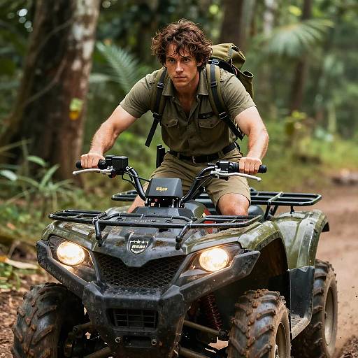 Photograph of a rugged, muscular man with messy brown hair, wearing a green shirt and shorts, riding a black ATV through a dense forest. Bright