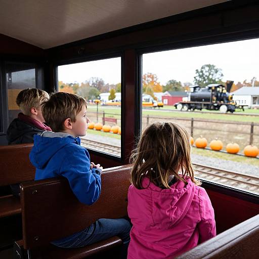 Photograph of two children, a boy in a blue hoodie and a girl in a pink jacket, sitting in a train car, watching an outdoor pumpkin