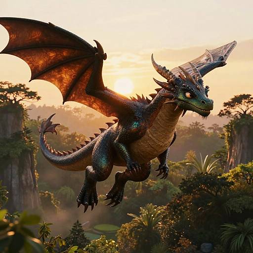 Digital artwork of a majestic, blue-scaled dragon with red-orange wings soaring through a lush, sunlit jungle canyon at sunset.