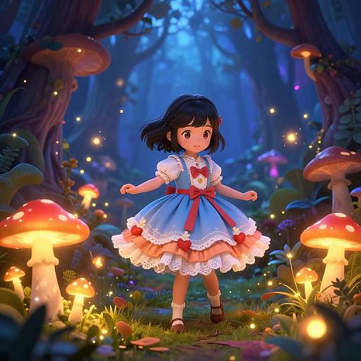 Digital art of a cute anime girl in a blue dress with red bow, standing in a magical forest with glowing mushrooms and fireflies.