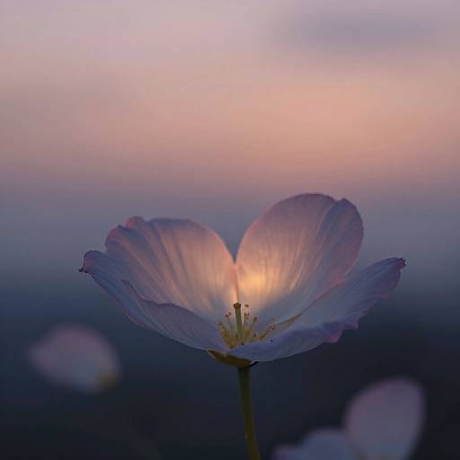 Photograph of a single, delicate purple flower with glowing center against a pastel sunset sky, with blurred flowers in the background.