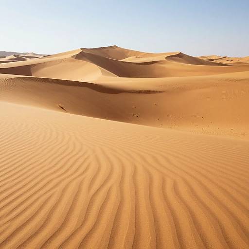 Photograph of golden sand dunes under a clear blue sky, with rippled sand patterns in the foreground and undulating hills in the background.
