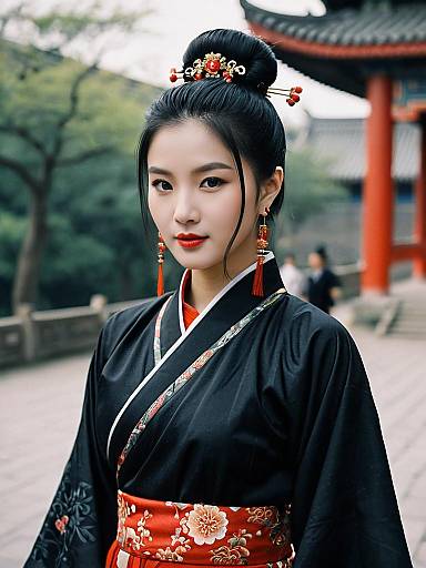 Realistic Hanfu Woman, Blurry Background