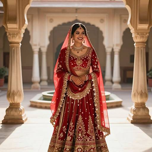 Photograph of a smiling Indian bride in a red and gold traditional lehenga with intricate embroidery, veil, and jewelry, standing in a sunlit,