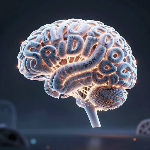 CGI image of a glowing, white, 3D brain with illuminated, floating 