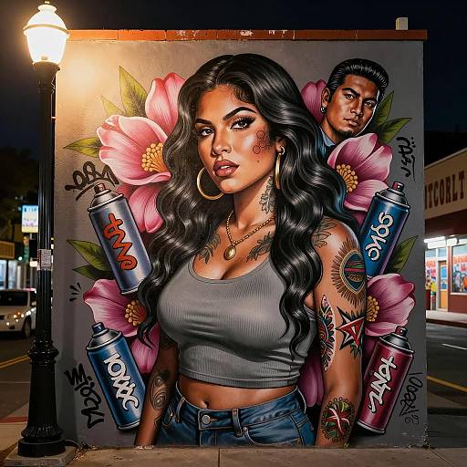 Chicano Tattooed Woman Mural with Spray Cans