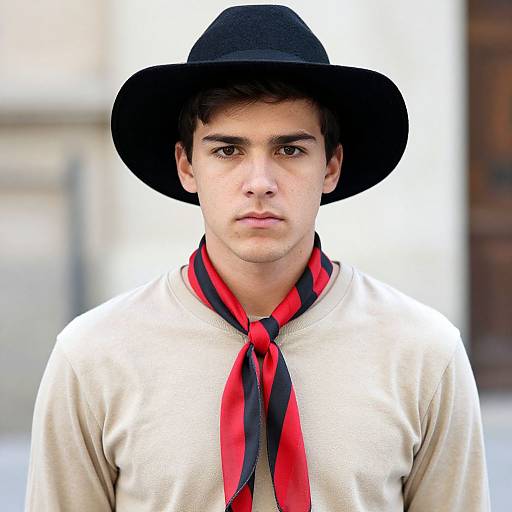 Young man with fair skin, dark hair, wearing a black hat, beige shirt, and red and black striped necktie, stares directly at the camera
