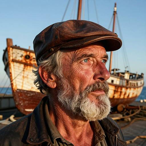 Photograph of an elderly, weathered man with a white beard and brown cap, gazing thoughtfully at a sunlit, rusted ship in