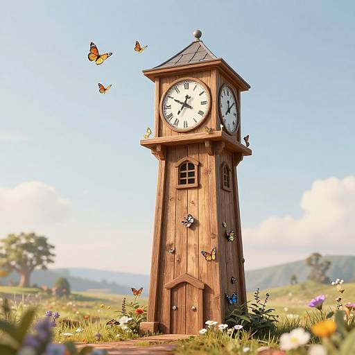 Photograph of a wooden clock tower with butterflies, surrounded by colorful flowers and a sunny, blue sky background.