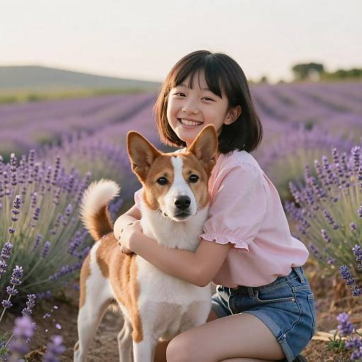 Teenage Girl Hugging Basenji Dog in Lavender Field