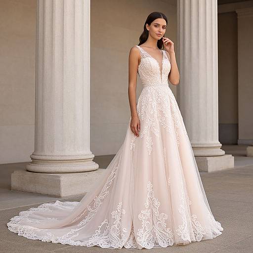Photograph of a beautiful woman in a white lace wedding gown with a long train, standing under classical white columns.