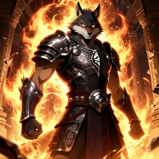 Digitally illustrated anthropomorphic wolf warrior in black, ornate armor, standing amidst fiery flames in a dark, ancient temple setting.