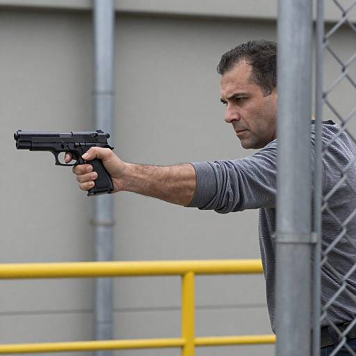 Tense Man Aiming Through Chain-Link Fence