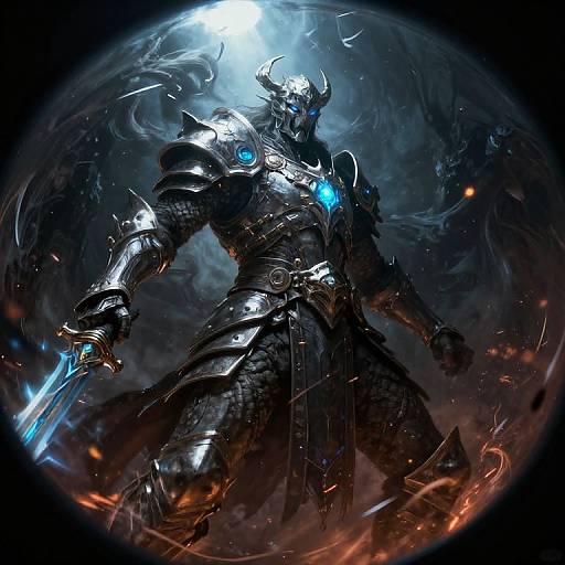 Digital art of a powerful, armored, horned warrior with glowing blue eyes and sword, surrounded by dark, swirling clouds and fiery embers.