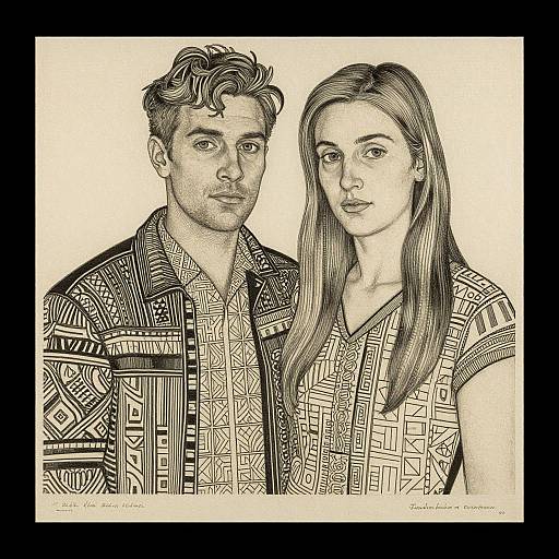 Monochrome ink drawing of a curly-haired man and long-haired woman, both wearing patterned shirts, standing side by side.