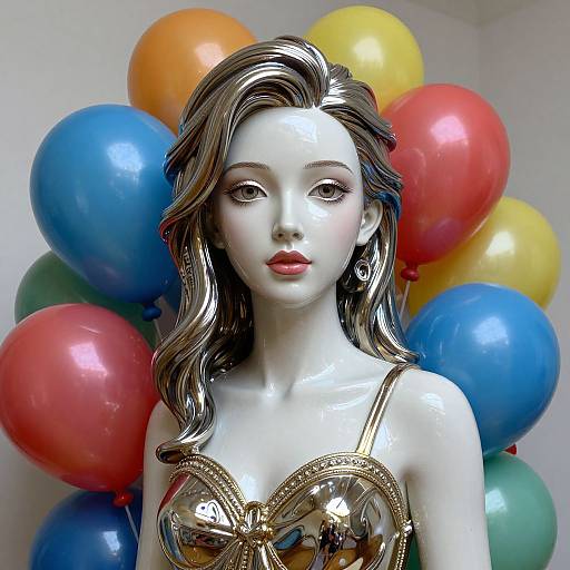 Photograph of a white porcelain doll with wavy brown hair, gold-embellished dress, surrounded by colorful balloons (red, blue, yellow