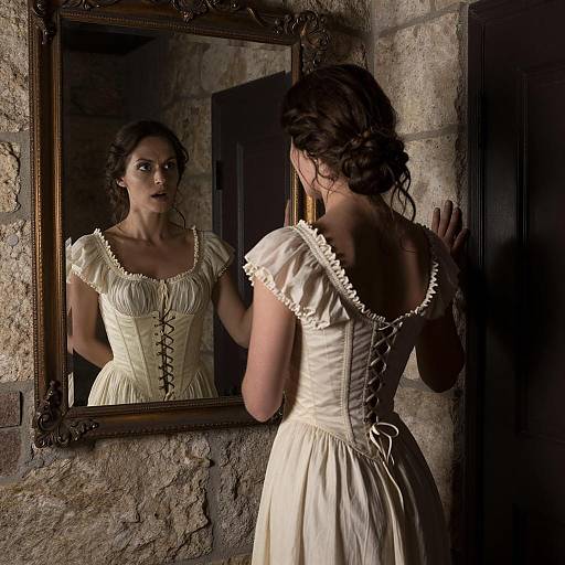 Woman in Vintage Cream Dress Looking in Mirror