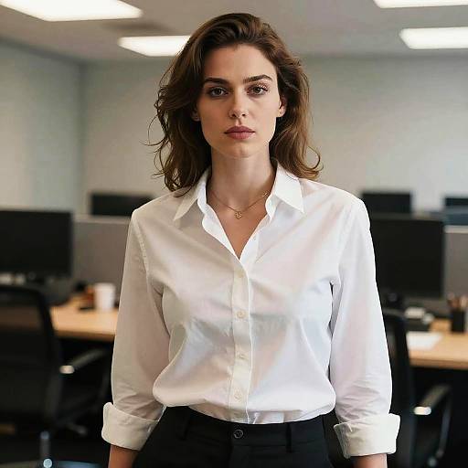Photograph of a serious-faced, brown-haired woman in a white button-up shirt and black pants, standing in a modern, brightly lit office with desks