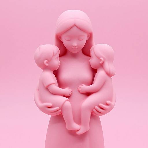 Digital 3D sculpture of a pink-toned mother with closed eyes, cradling two babies in her arms against a solid pink background.