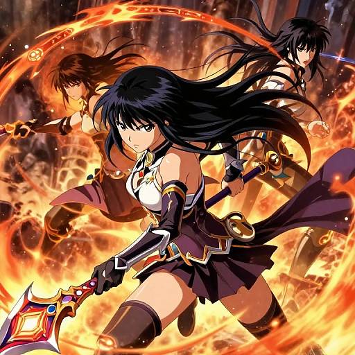Anime-style digital art of three fierce, black-haired warriors with glowing eyes, wielding weapons amidst swirling flames, wearing dark, armored outfits.