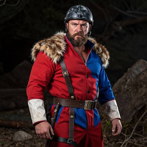 Rugged Adventurer in Red and Blue Outfit with Fur Collar