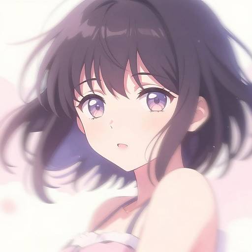 Anime-style digital drawing of a young girl with short, dark purple hair, large purple eyes, and a slightly surprised expression. Background is a soft,