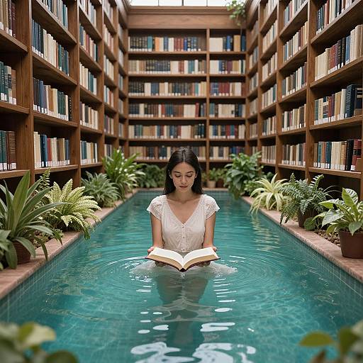 Asian woman in white dress reading book in blue library water feature, surrounded by bookshelves and green plants. Photograph.