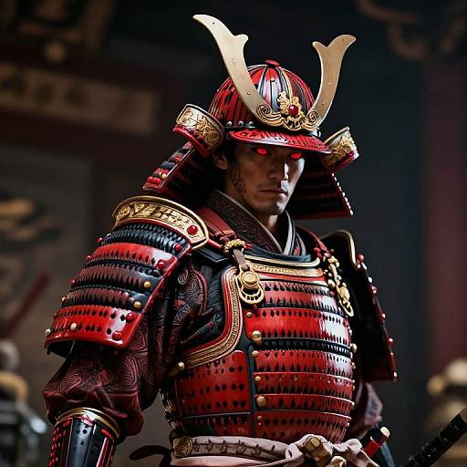 Photograph of a Japanese samurai in detailed, red and black armor with gold accents and white antler helmet, standing in a dimly lit,