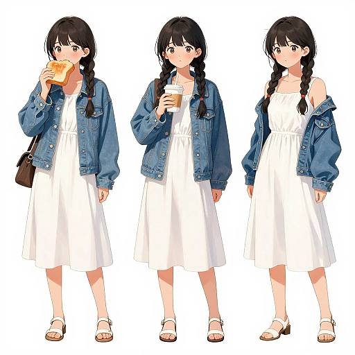 Digital anime-style drawing of a black-haired girl in a white dress and blue denim jacket, drinking orange juice in four poses. She wears white sandals and
