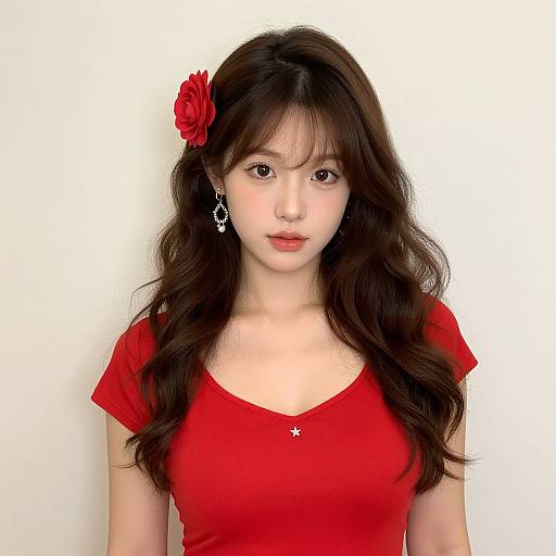 Photograph of an East Asian woman with long wavy dark brown hair, wearing a red dress, red flower hairpin, and star earrings, against