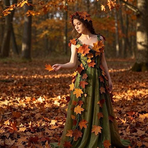 Photograph of a fair-skinned woman with brown hair wearing a green dress adorned with autumn leaves, standing in a sunlit forest with a carpet of