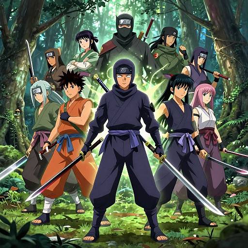 Anime-style digital illustration of nine ninja warriors in forest, standing in a circle with glowing swords, diverse outfits, serious expressions.