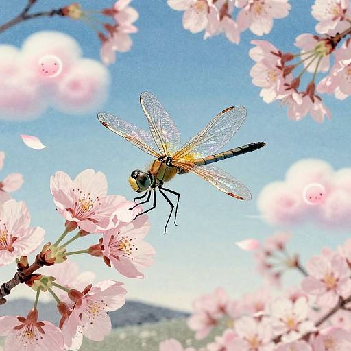 Photograph of a detailed, translucent dragonfly with yellow and black wings perched on pink cherry blossoms, against a bright blue sky.